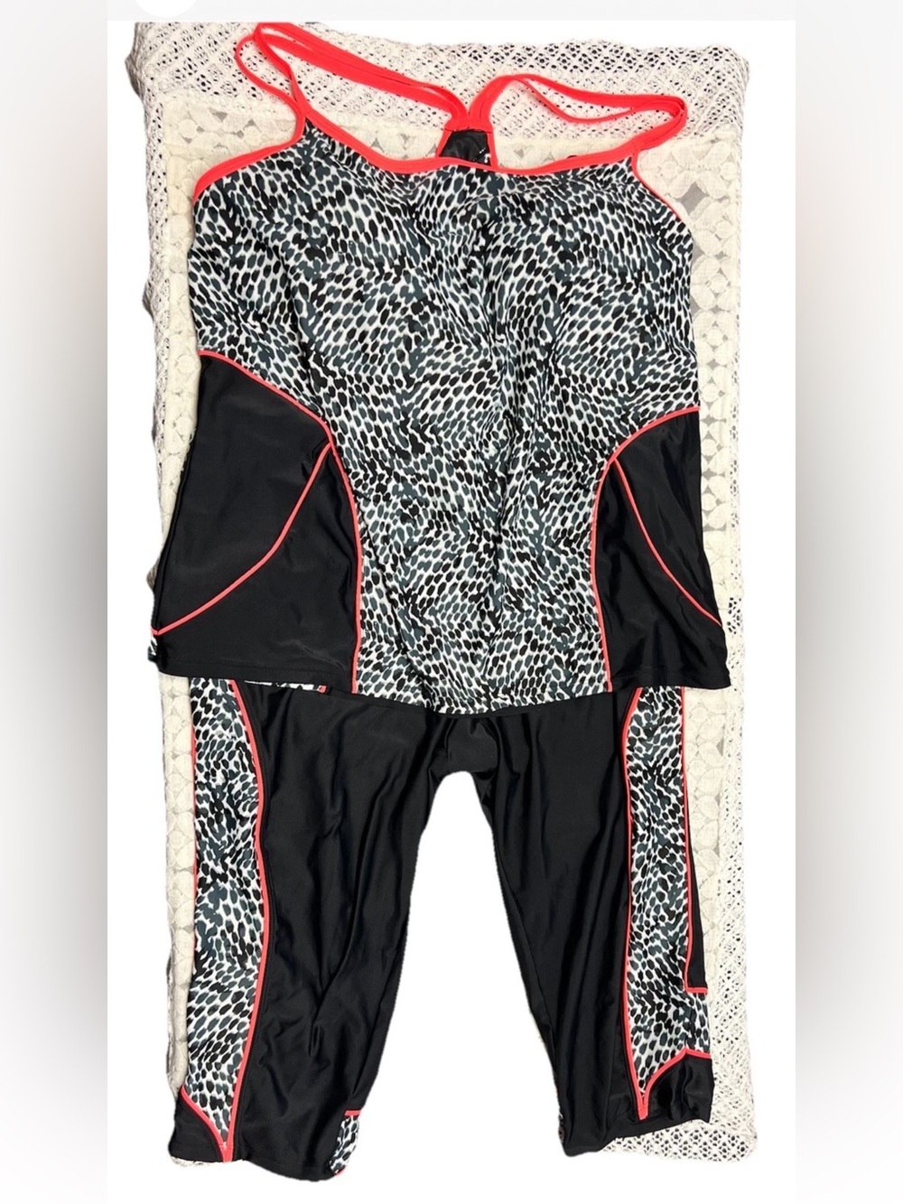 Swimsuits For All Black & White Animal Print Tankini with Coral Trim